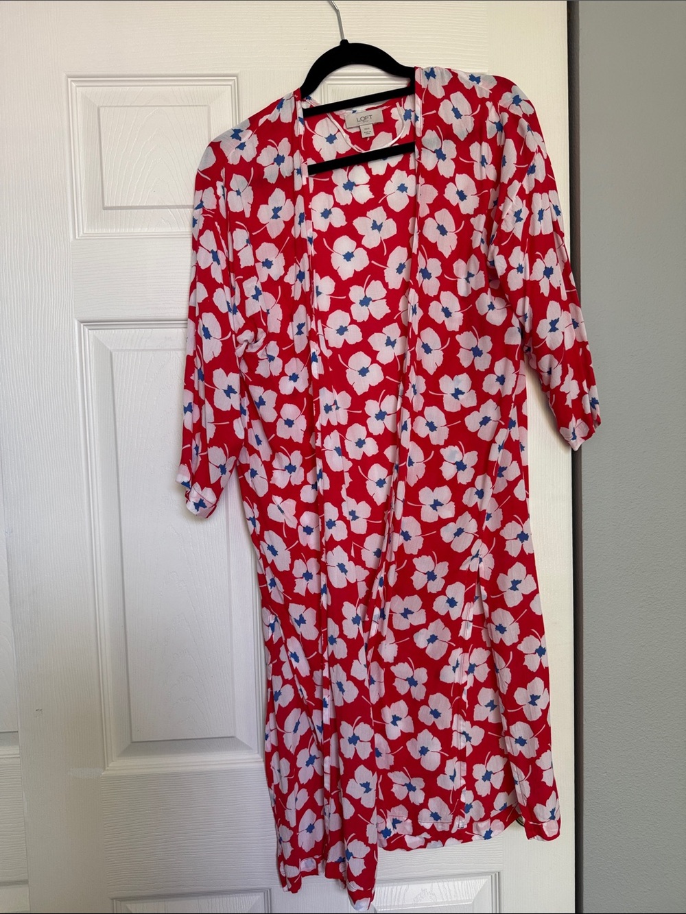 LOFT Red Floral Midi Dress with White & Blue Flowers